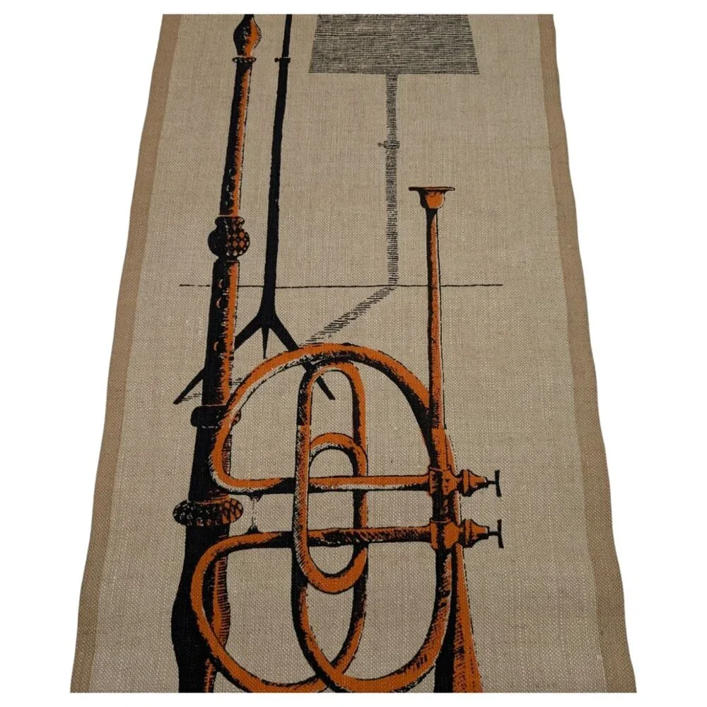 Mid Century Modern Silkscreen Scroll Tapestry Instrument On Linen MCM Horn *READ